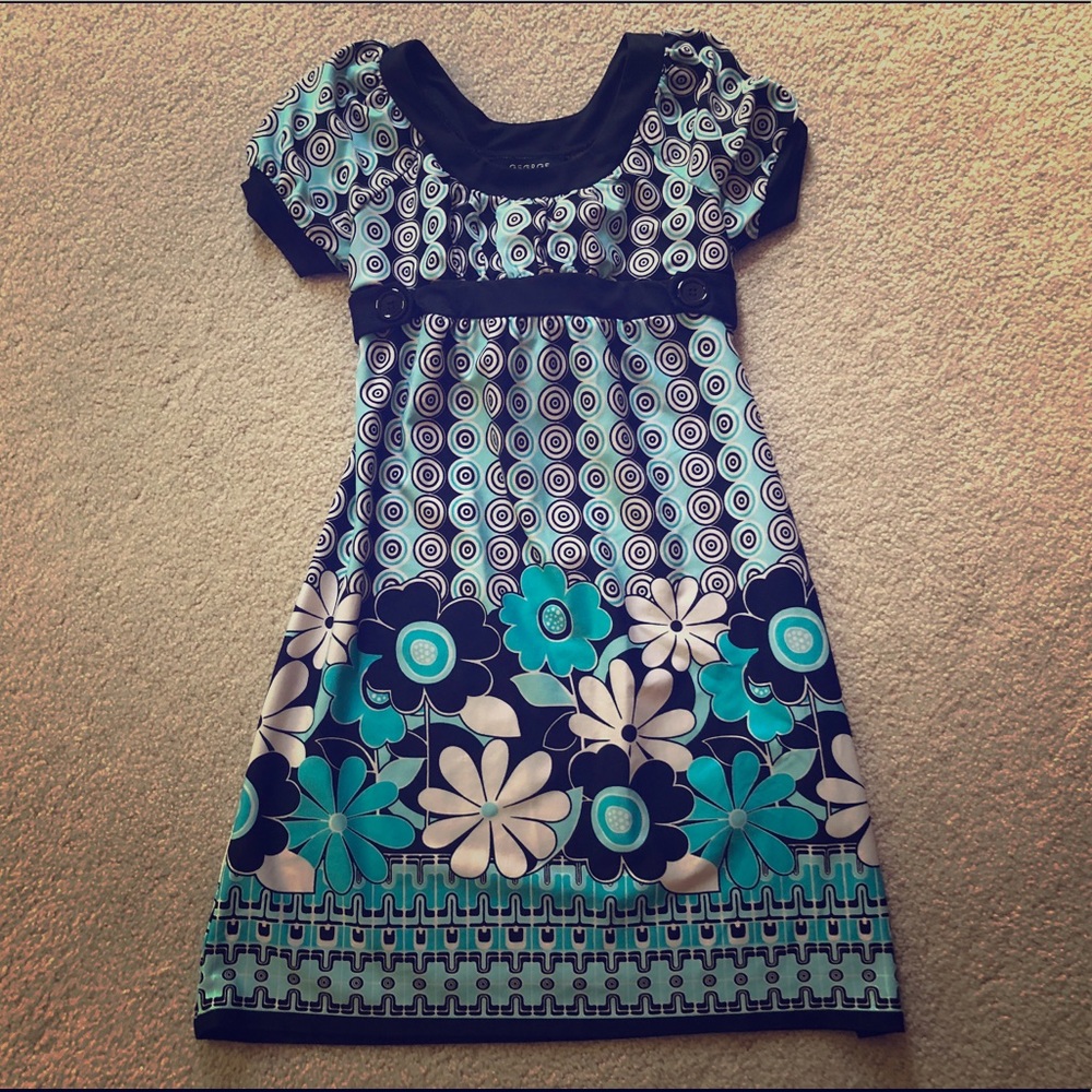 Girls Dress - Blue floral geometric